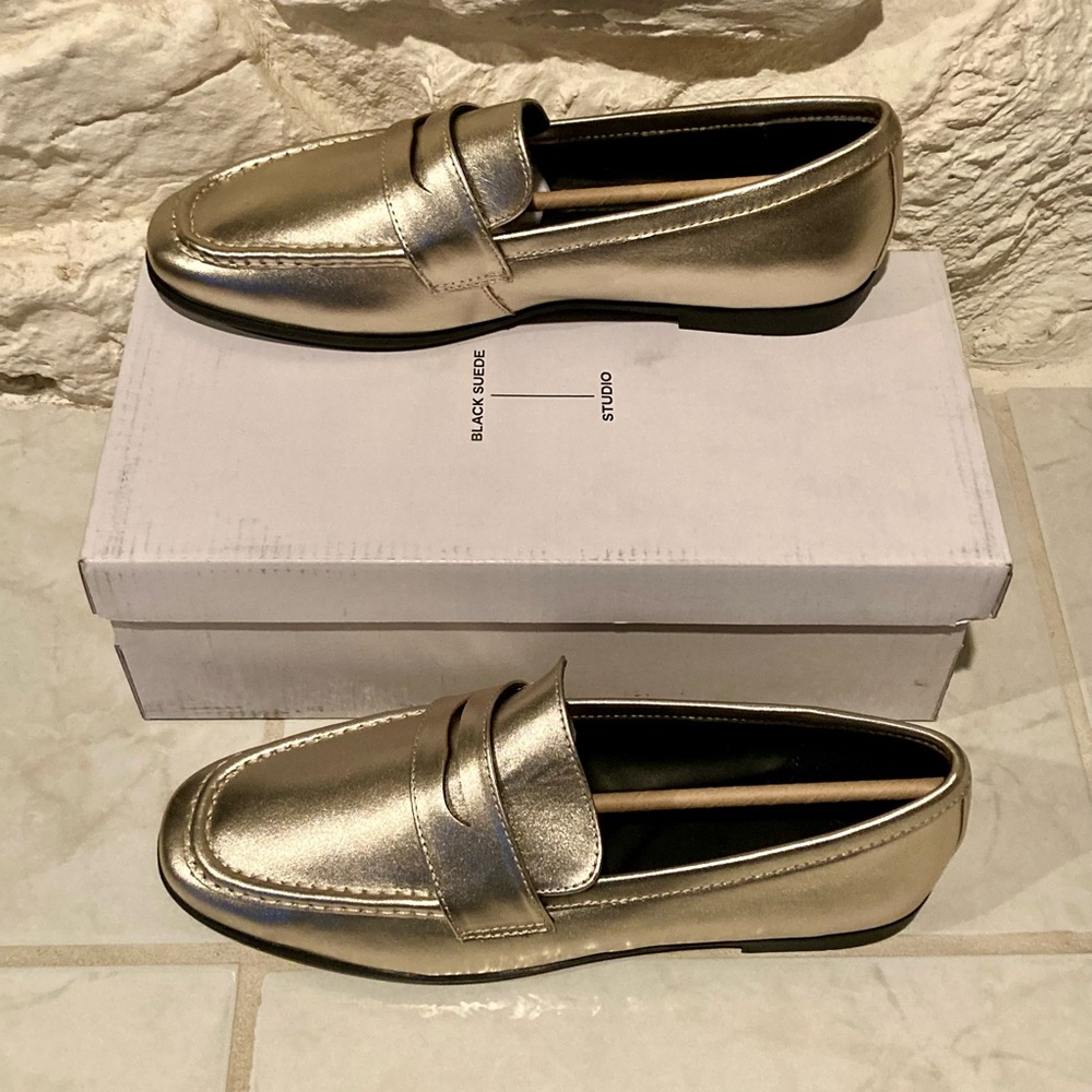 NIB Black Suede Studio Lou Gold
Satin Leather Penny Loafers - Picture 2 of 11